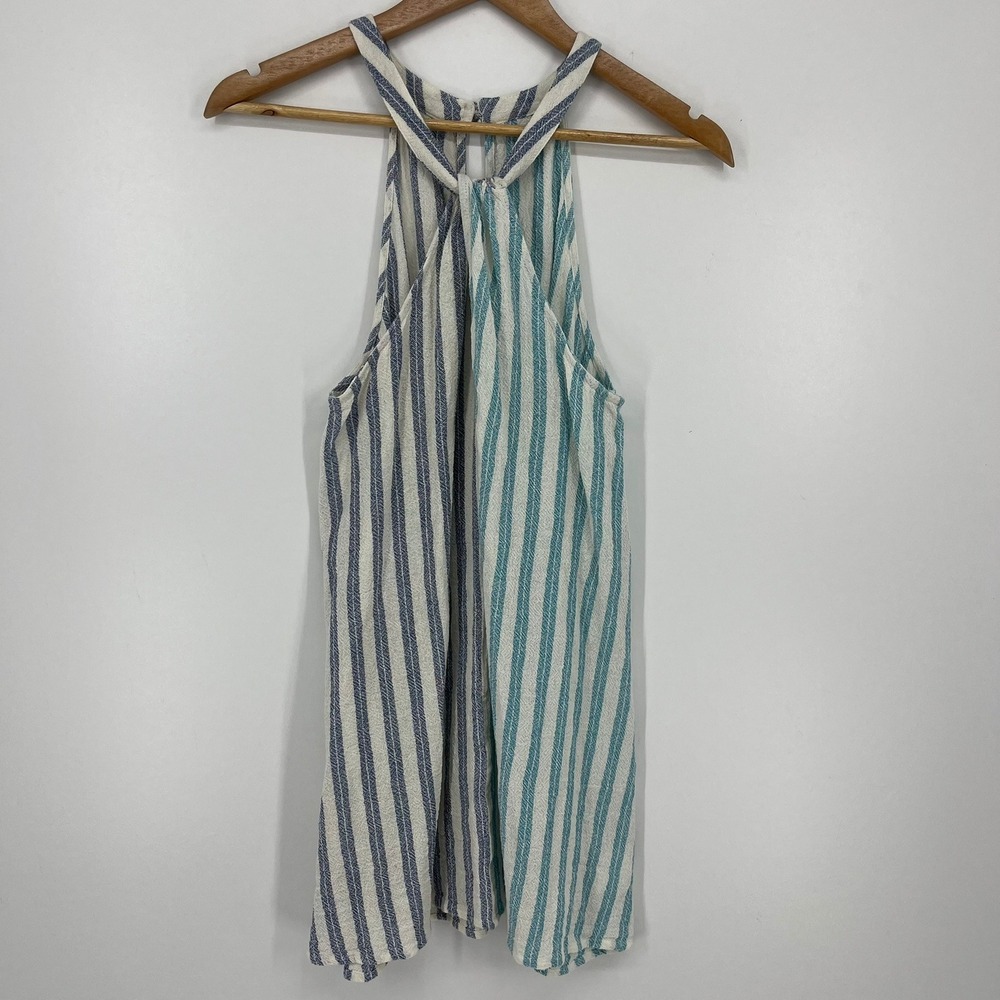 Billabong Womens S Blue Teal Striped Cotton Halter Top High Neck Mini Dress